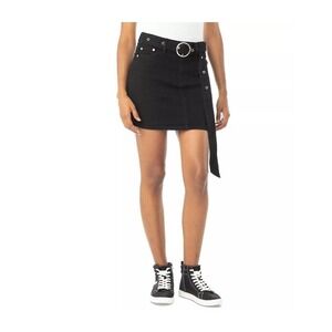 ALMOST FAMOUS Mid Rise Black Denim Mini Skirt W/Grommeted Belt Junior Sz M NWT